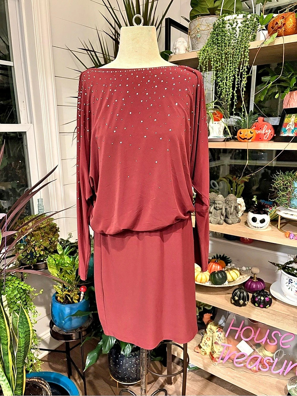 White House Black Market Embellished Blouson Mini Dress Red Medium